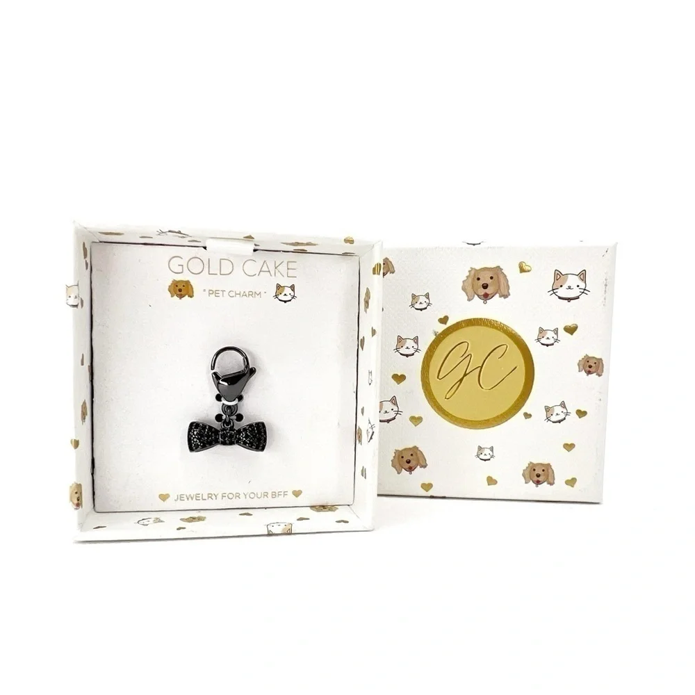Pet Collar Charm Black Bow Tie Rhinestones Jeweled Jewelry Dog Cat Gold Cake NWT